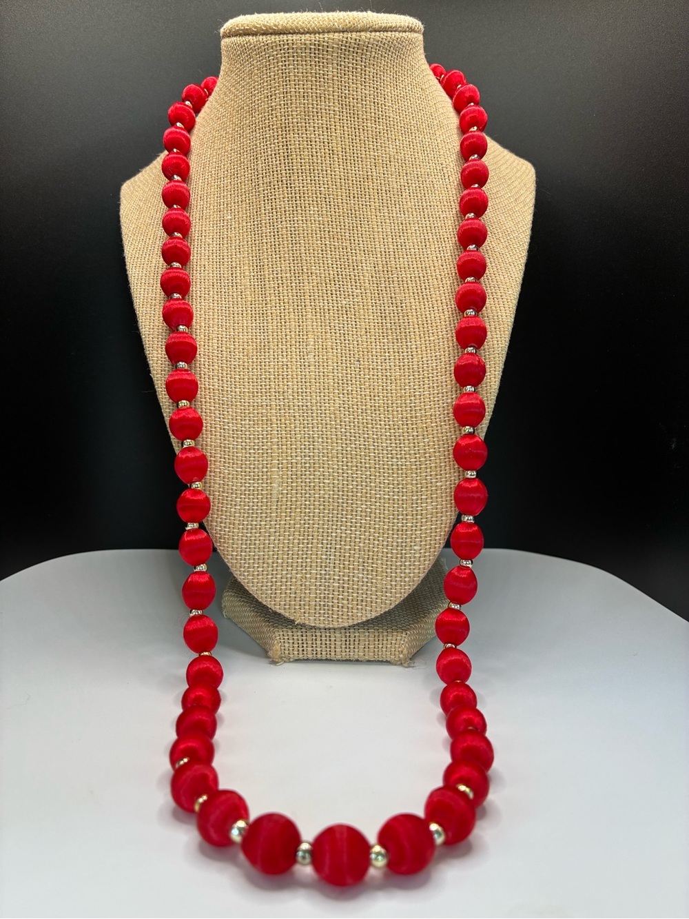 Vintage Red Silk String Bead Strand Necklace - Elegant Women's Jewelry